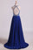 2024 A Line Prom Dresses Halter Beaded Bodice Open Back Sweep Train Chiffon & Tulle Dark Royal Blue