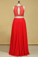 Load image into Gallery viewer, 2022 Red Scoop Two Pieces A Line Prom Dresses Beaded Bodice Open Back Chiffon &amp; Tulle