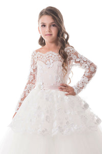 2022 Tulle Boat Neck Flower Girl Dresses A Line Long Sleeves With Applique