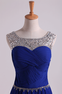 2022 Scoop Prom Dresses A Line Pleated Bodice Chiffon With Beads Dark Royal Blue