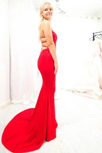 Load image into Gallery viewer, Red Mermaid Strapless Long Prom Dress With Lace-Up Back Satin Beads