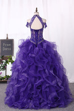 Load image into Gallery viewer, 2024 High Neck Beaded Bodice Ball Gown Tulle Sweep Train Quinceanera Dresses