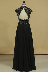 2024 Black High Neck Prom Dresses A Line Chiffon With Applique And Beads