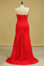 Load image into Gallery viewer, 2024 Red One Shoulder Pleated Bodice Sheath Evening Dress Chiffon With Applique