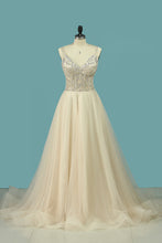 Load image into Gallery viewer, 2022 A Line Spaghetti Straps Wedding Dresses Beaded Bodice Tulle Court Train