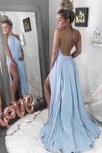 Load image into Gallery viewer, Elegant Long Sky Blue Halter Open Back Chiffon Simple Cheap Prom Dresses
