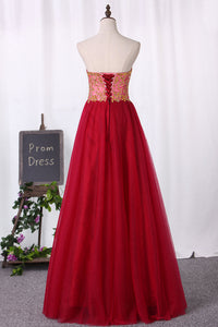 2022 A Line Sweetheart Tulle With Beading Floor Length Prom Dresses