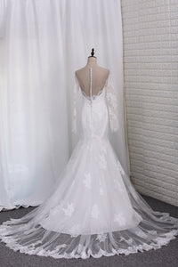 2022 Wedding Dresses Long Sleeves Scoop Mermaid Tulle With Applique