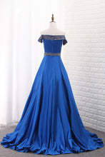 Load image into Gallery viewer, 2022 A Line Prom Dresses Boat Neck Satin With Beads Sweep Train