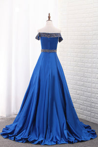 2022 A Line Prom Dresses Boat Neck Satin With Beads Sweep Train