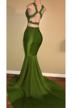 Load image into Gallery viewer, Prom Dresses Mermaid Beaded Bodice Satin V Neck Court Train