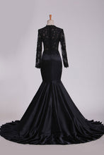 Load image into Gallery viewer, 2024 Evening Dresses Scoop Long Sleeve With Applique Mermaid Elastic Satin