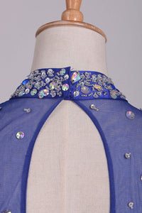 2024 High Neck Homecoming Dresses Beaded Bodice A-Line Dark Royal Blue Tulle Short/Mini