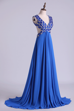Load image into Gallery viewer, 2022 V-Neck Prom Dresses A Line Chiffon With Beading