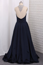 Load image into Gallery viewer, 2022 Scoop A Line Satin Prom Dresses With Beading Floor Length