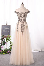 Load image into Gallery viewer, 2024 Tulle Prom Dresses A Line Bateau Cap Sleeve With Beads Open Back