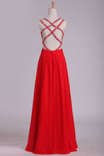 Load image into Gallery viewer, 2024 Red A Line Prom Dresses Spaghetti Straps Open Back With Ruffles And Beads Chiffon