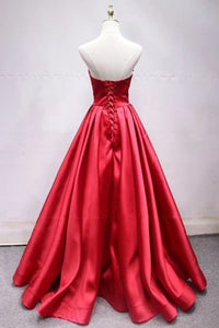 A Line Sweetheart Red Satin Lace Up Long Prom Dresses With Bowknot, Cheap Formal Dresses