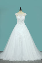 Load image into Gallery viewer, 2024 A Line Scoop Tulle With Applique Wedding Dresses Court Train