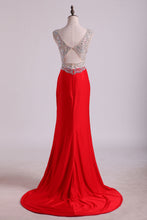 Load image into Gallery viewer, 2022 V Neck Beaded Bodice Open Back Prom Dresses Column Spandex Sweep Train