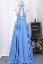 Load image into Gallery viewer, 2024 Halter Open Back Prom Dresses A Line Chiffon With Beads And Slit