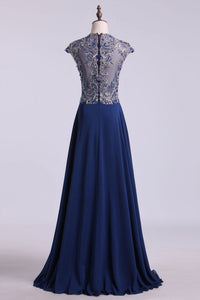 2022 High Neck A-Line Prom Dresses Chiffon Embellished Tulle Bodice With Beads & Embroidery