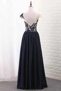 2022 Satin A Line Scoop Cap Sleeve Prom Dresses With Applique Floor Length