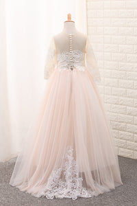 2022 Scoop Flower Girl Dresses Ball Gown Long Sleeves Tulle With Aplique