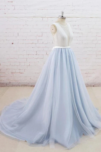 Tulle Sheer Back A Line Round Neck Formal Prom Dress