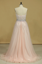 Load image into Gallery viewer, 2024 Prom Dresses Sweetheart Tulle With Beading And Rhinestones Sweep Train