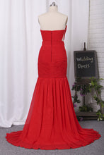 Load image into Gallery viewer, 2022 Prom Dresses Mermaid Strapless Ruched Bodice Chiffon With Slit