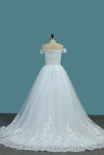 Load image into Gallery viewer, 2022 Tulle A Line Off The Shoulder Wedding Dresses With Applique Sweep Train