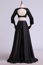 Load image into Gallery viewer, 2022 Two Pieces There Quarter Sleeves Prom Dresses Bateau Satin Backless Floor Length