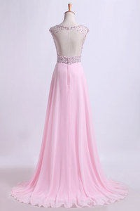 2022 Scoop Neckline Beaded Bodice A Line Open Back With Chiffon Skirt Sweep Train