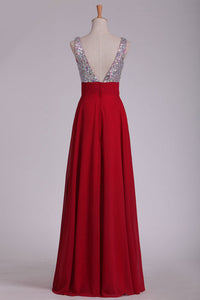 2024 Prom Dresses V Neck Chiffon With Beading A Line Sweep Train