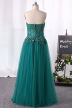 Load image into Gallery viewer, 2022 Strapless Prom Dresses A Line Tulle With Applique And Slit