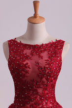Load image into Gallery viewer, 2022 Sexy Bateau A-Line Prom Gown Sweep Train With Beads And Applique Burgundy