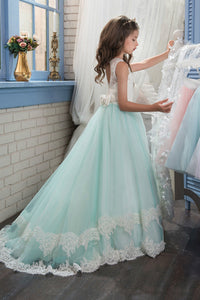 2024 A Line Tulle With Applique Flower Girl Dresses Scoop Sweep Train