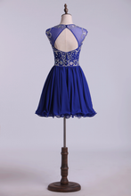 Load image into Gallery viewer, 2022 Scoop A Line Dark Royal Blue Homecoming Dresses  Beaded Bodice Tulle&amp;Chiffon Short