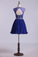 2022 Scoop A Line Dark Royal Blue Homecoming Dresses  Beaded Bodice Tulle&Chiffon Short