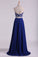 2022 Bateau Two Pieces Prom Dresses Dark Royal Blue A Line Beaded Bodice Open Back Floor Length Chiffon & Tulle