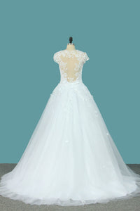 2022 Ball Gown Short Sleeves Scoop Wedding Dresses Tulle With Applique