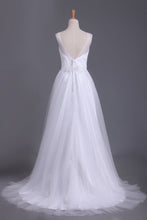 Load image into Gallery viewer, 2024 A Line V Neck Open Back Wedding Dresses Tulle With Ruffles And Handmade Flowers