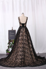 Load image into Gallery viewer, 2022 Sweep Train Bateau Prom Dresses Lace A Line Lace Up