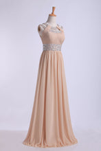Load image into Gallery viewer, 2022 Prom Dresses Scoop A Line Floor-Length Open Back Chiffon With Beading