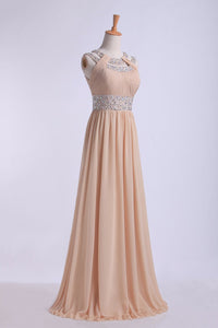 2022 Prom Dresses Scoop A Line Floor-Length Open Back Chiffon With Beading