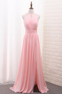 2022 Scoop A Line Chiffon Bridesmaid Dresses With Ruffles And Slit Floor Length