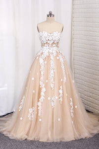 2022 Wedding Dresses A Line Tulle Sweetheart With Applique Court Train