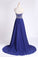 2022 Dark Royal Blue Prom Dress Sweetheart Beaded Bodice A Line Chiffon