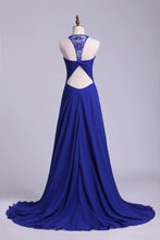 Load image into Gallery viewer, 2024 Unique Dark Royal Blue Prom Dress Scoop A Line Chiffon With Beads&amp;Ruffles